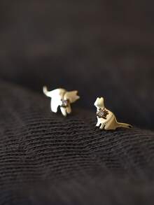 1對925純銀實心卡通貓耳釘,女孩青少年潮流時尚耳環首飾開學禮物