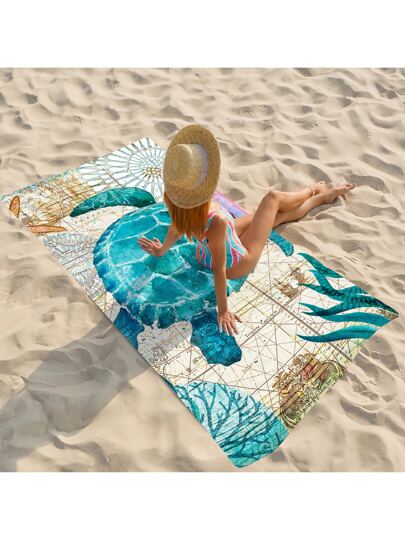 Turtle Design Vintage Blue Beach Towel Made Of Ultra-Fine Fiber, Quick Drying And Highly Absorbent, Suitable For Men, Women, Travel, Swimming Back To School For Beauty Salon Home Bathroom Shower Towels For Beauty Salon, Hotel Sports,Home Essentials, Towel, Skin Care Bath Towel Sheet