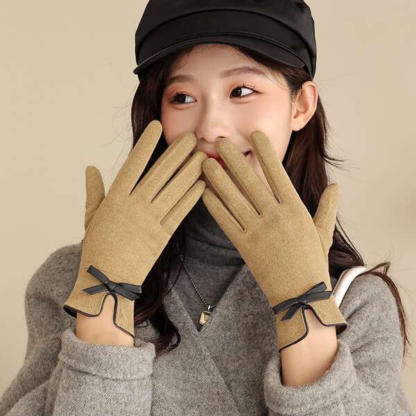 1 Paar Khaki Wildleder Damen Winterhandschuhe, Warm Und Dick Mit Niedlichem Schleife Knoten, Touch Screen Funktion