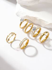 Hihho 6pcs Fashionable Minimalist Style Women's Rings Set With Large Cubic Zirconia Stone And Star & Plain Band Design, Great For Parties And As A Gift - Yellow Gold - View 1