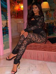 Cut Out Front Lace Jumpsuit - Black - View 3