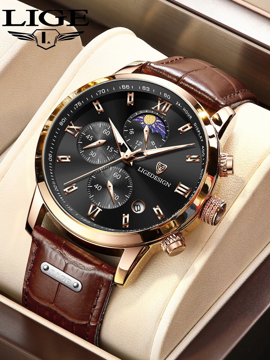 LIGEDESIGN 1pc Men Crocodile Embossed Brown PU Polyurethane Strap Business Date Chronograph Round Dial Quartz Watch, For Daily Life