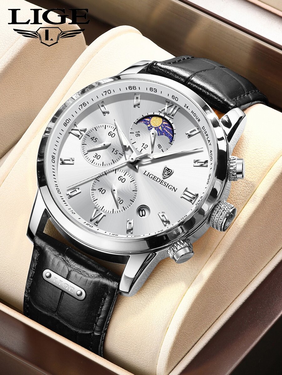 LIGEDESIGN 1入組男士鱷魚紋壓花黑色PU聚氨酯錶帶商務日期計時圓形錶盤石英手錶適合日常生活