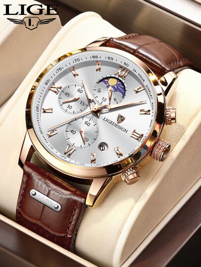 LIGE LIGEDESIGN 1pc Men Crocodile Embossed Brown PU Polyurethane Strap Business Date Chronograph Round Dial Quartz Watch, For Daily Life