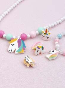 7pcs/set Girls' Unicorn Pendant Necklace & Clip-on Earrings & Dangle Earrings & Beaded Bracelet & Ring Set. Assorted Color - Multicolor - View 4