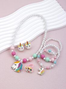 7pcs/set Girls' Unicorn Pendant Necklace & Clip-on Earrings & Dangle Earrings & Beaded Bracelet & Ring Set. Assorted Color - Multicolor - View 2