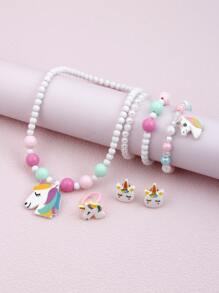 7pcs/set Girls' Unicorn Pendant Necklace & Clip-on Earrings & Dangle Earrings & Beaded Bracelet & Ring Set. Assorted Color - Multicolor - View 1