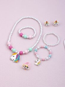 7pcs/set Girls' Unicorn Pendant Necklace & Clip-on Earrings & Dangle Earrings & Beaded Bracelet & Ring Set. Assorted Color - Multicolor - View 3