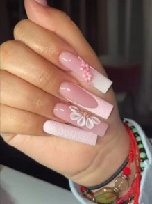 Upgrade Your Style Now - 24pcs/set Long Coffin Shaped Nail Tips In White, French Pink, Small Flowers & European Style, With 1pc Jelly Glue And 1pc Nail File - Multicolor - View 1
