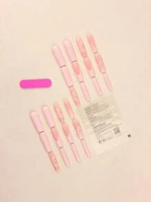 Upgrade Your Style Now - 24pcs/set Long Coffin Shaped Nail Tips In White, French Pink, Small Flowers & European Style, With 1pc Jelly Glue And 1pc Nail File - Multicolor - View 2