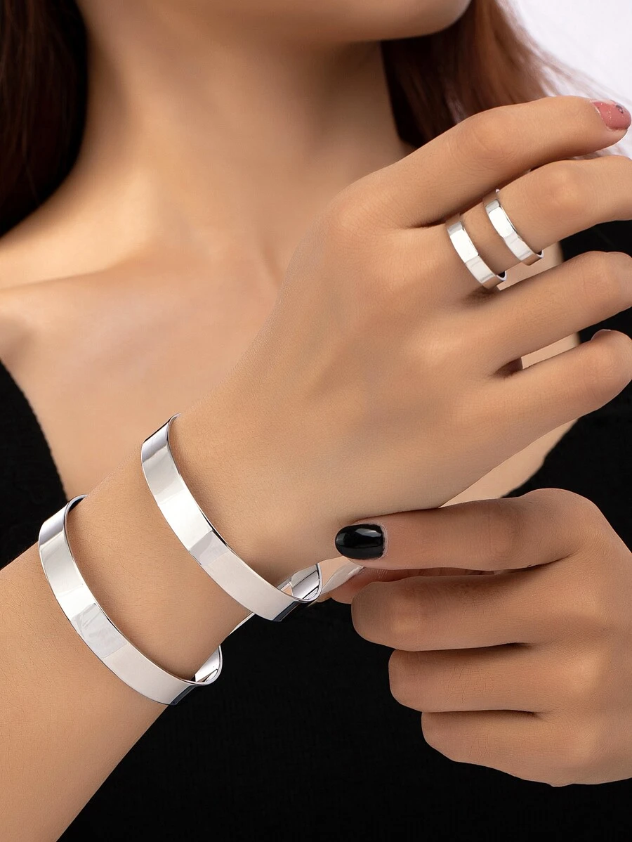 1pc Metal Fashionable Geometric Bangle And 1pc Metal Fashionable Geometric Ring - Silver - View 1