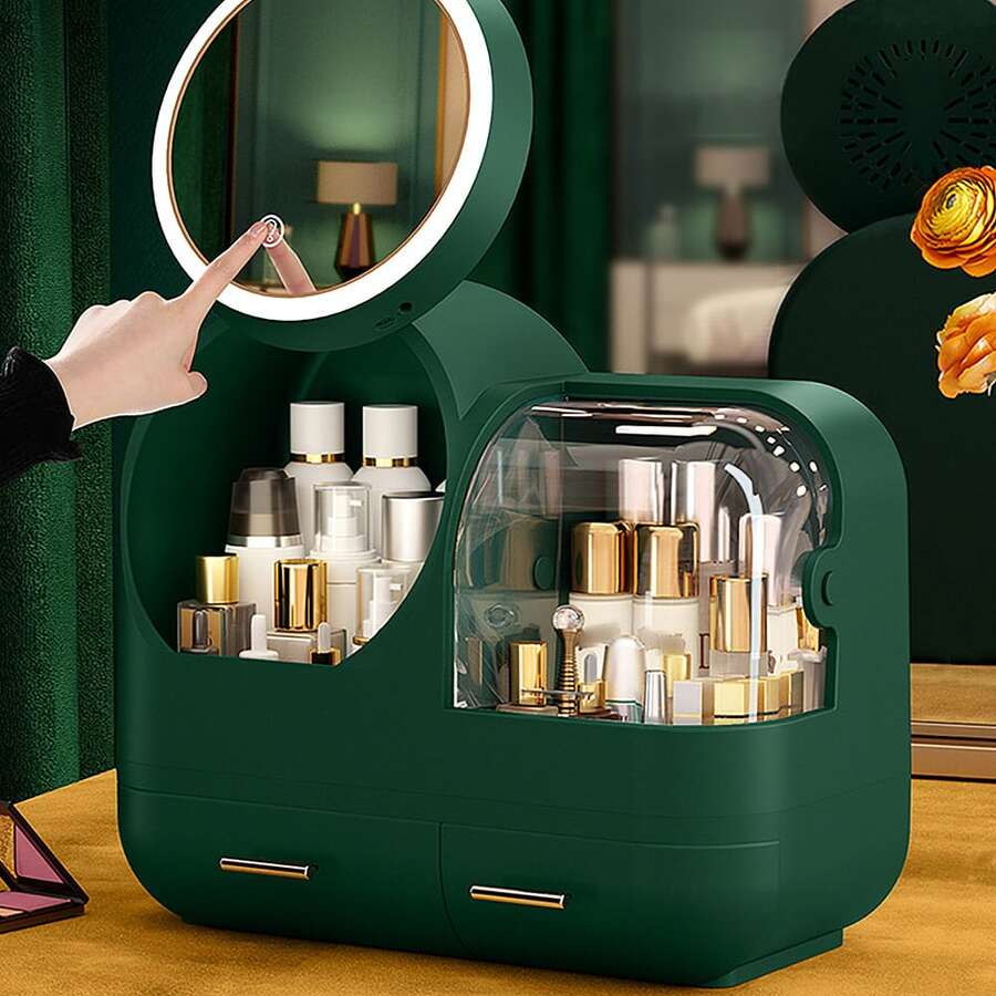 KIPOZI Makeup Storage Organizer Box with Led Lighted Mirror Make up Organizers and StorageMakeup Pouch Organizer Cosmetic Organizer Box Ideal Gifts for Women - 墨綠色 - 查看 1