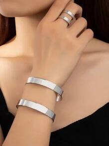 1pc Metal Fashionable Geometric Bangle And 1pc Metal Fashionable Geometric Ring - Silver - View 2