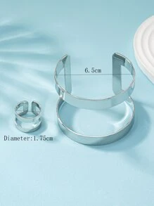 1pc Metal Fashionable Geometric Bangle And 1pc Metal Fashionable Geometric Ring - Silver - View 4