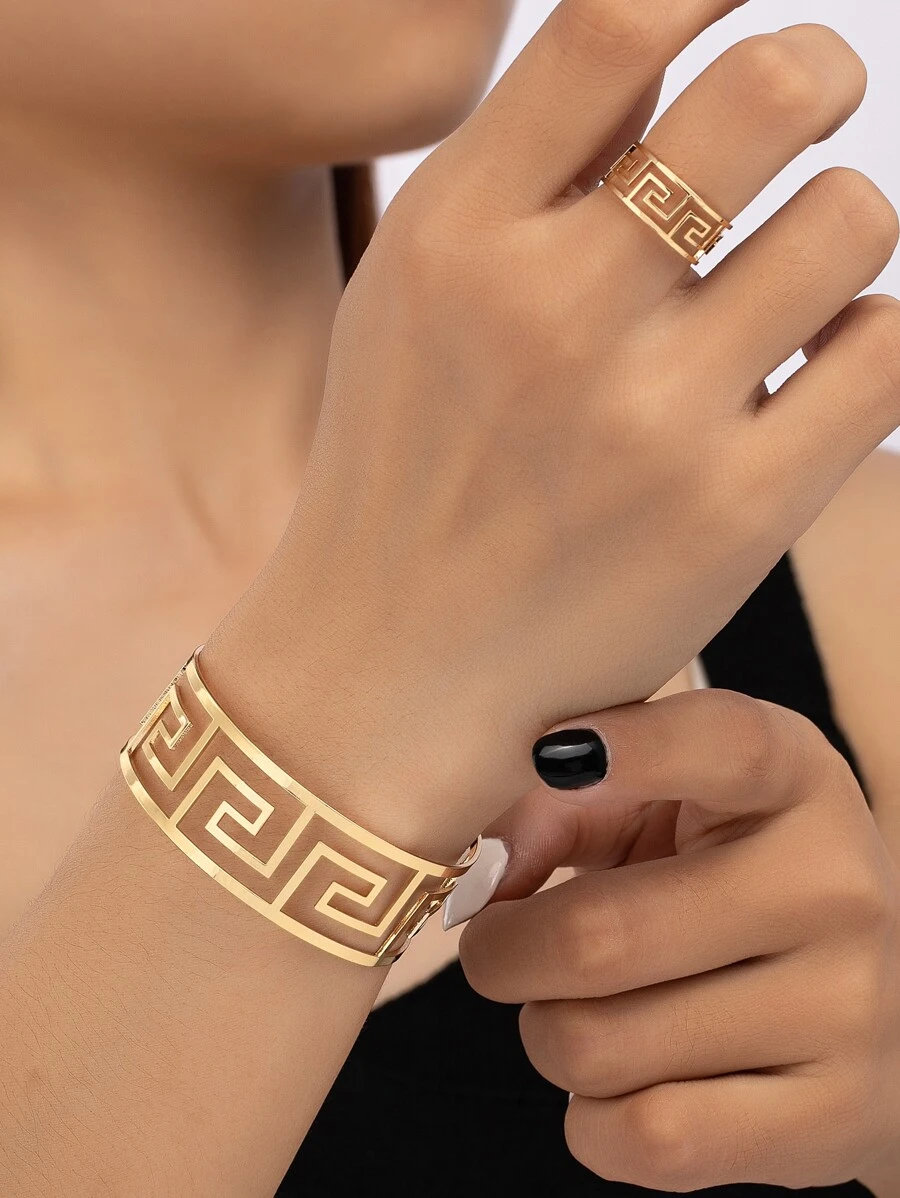 1pc Fashion Iron Hollow Out Cuff Bangle & 1pc Cuff Ring For Women For Gift - Yellow Gold - View 1
