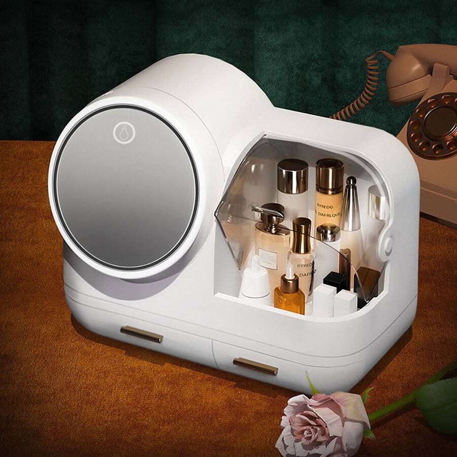 KIPOZI  Makeup Storage Organizer Box with Led Lighted Mirror Make up Organizers and StorageMakeup Pouch Organizer Cosmetic Organizer Box Ideal Gifts for Women - 白色 - 查看 1