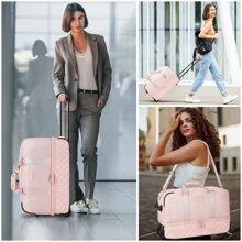 ETRONIK Rolling Duffle Bag With Wheels, 21-Inch Flight Approved Travel Duffle Bag With Wet Pocket & Shoe Compartment, Carry On Luggage 22x14x9 Airline Approved - 粉色 - 查看 4