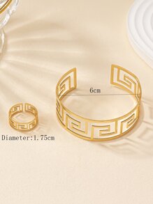 1pc Fashion Iron Hollow Out Cuff Bangle & 1pc Cuff Ring For Women For Gift - Yellow Gold - View 4