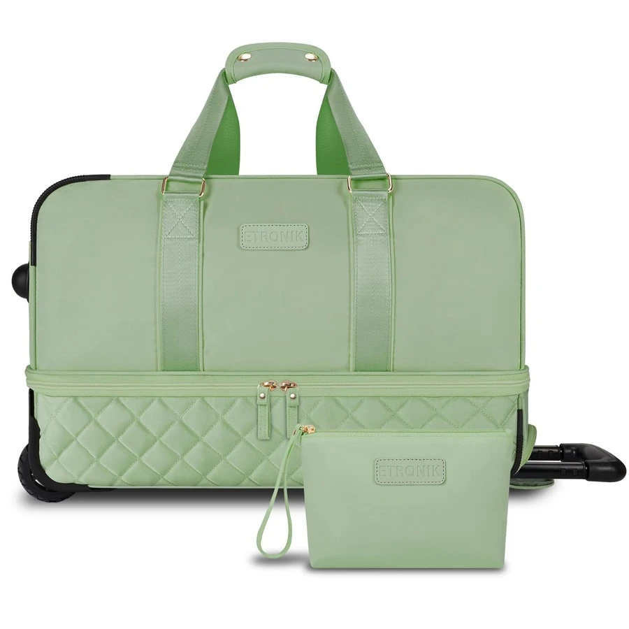 ETRONIK Rolling Duffle Bag With Wheels, 21-Inch Flight Approved Travel Duffle Bag With Wet Pocket & Shoe Compartment, Carry On Luggage 22x14x9 Airline Approved - 綠色 - 查看 1