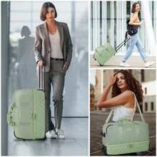 ETRONIK Rolling Duffle Bag With Wheels, 21-Inch Flight Approved Travel Duffle Bag With Wet Pocket & Shoe Compartment, Carry On Luggage 22x14x9 Airline Approved - 綠色 - 查看 4