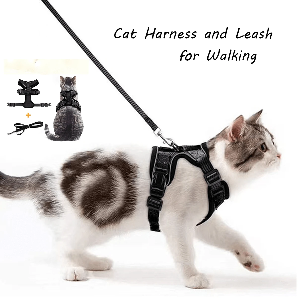 1pc Cat Traction Rope + 1pc Cat Chest Back Harness, Reflective Design Cat Harness With Traction Rope, Cat Walking Set - Black - View 1