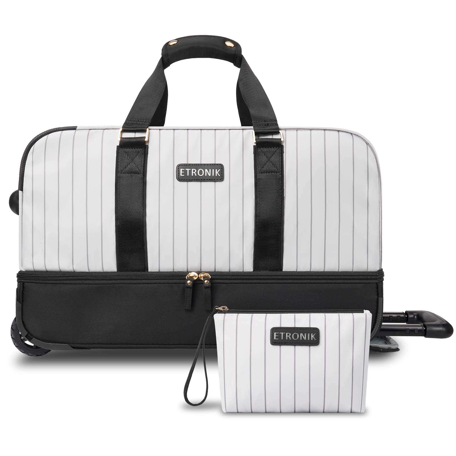 ETRONIK Rolling Duffle Bag With Wheels, 21-Inch Flight Approved Travel Duffle Bag With Wet Pocket & Shoe Compartment, Carry On Luggage 22x14x9 Airline Approved - 黑與白 - 查看 1