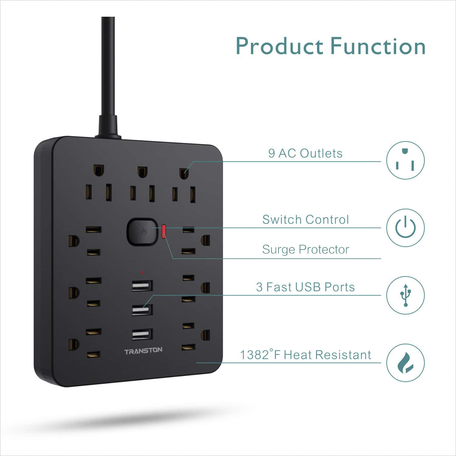 1pc Black Surge Protector Power Strip With 9 Outlets 3 USB Ports Flat