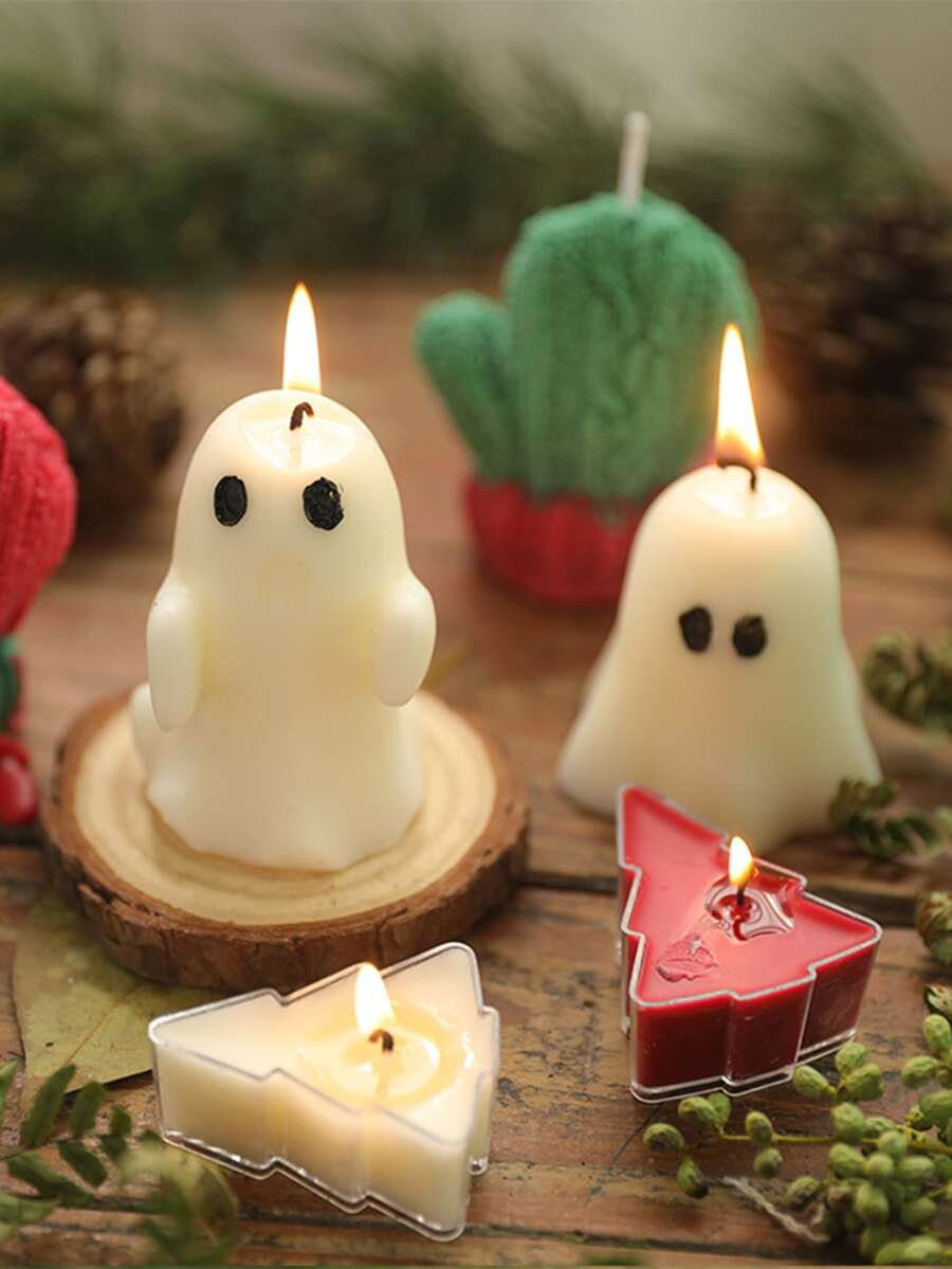 1入組萬聖節主題可愛鬼石膏香薰蠟燭杯子,聖誕&新年樹裝飾用品,浪漫禮物,無菸大豆蠟蠟燭 - 白色 - 查看 1