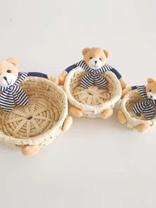 1入組可愛小的熊草編織收納籃,玉米皮膚編織門廊鑰匙收納籃,假期糖果籃子,各種各樣的籃子 - 彩色 - 查看 2