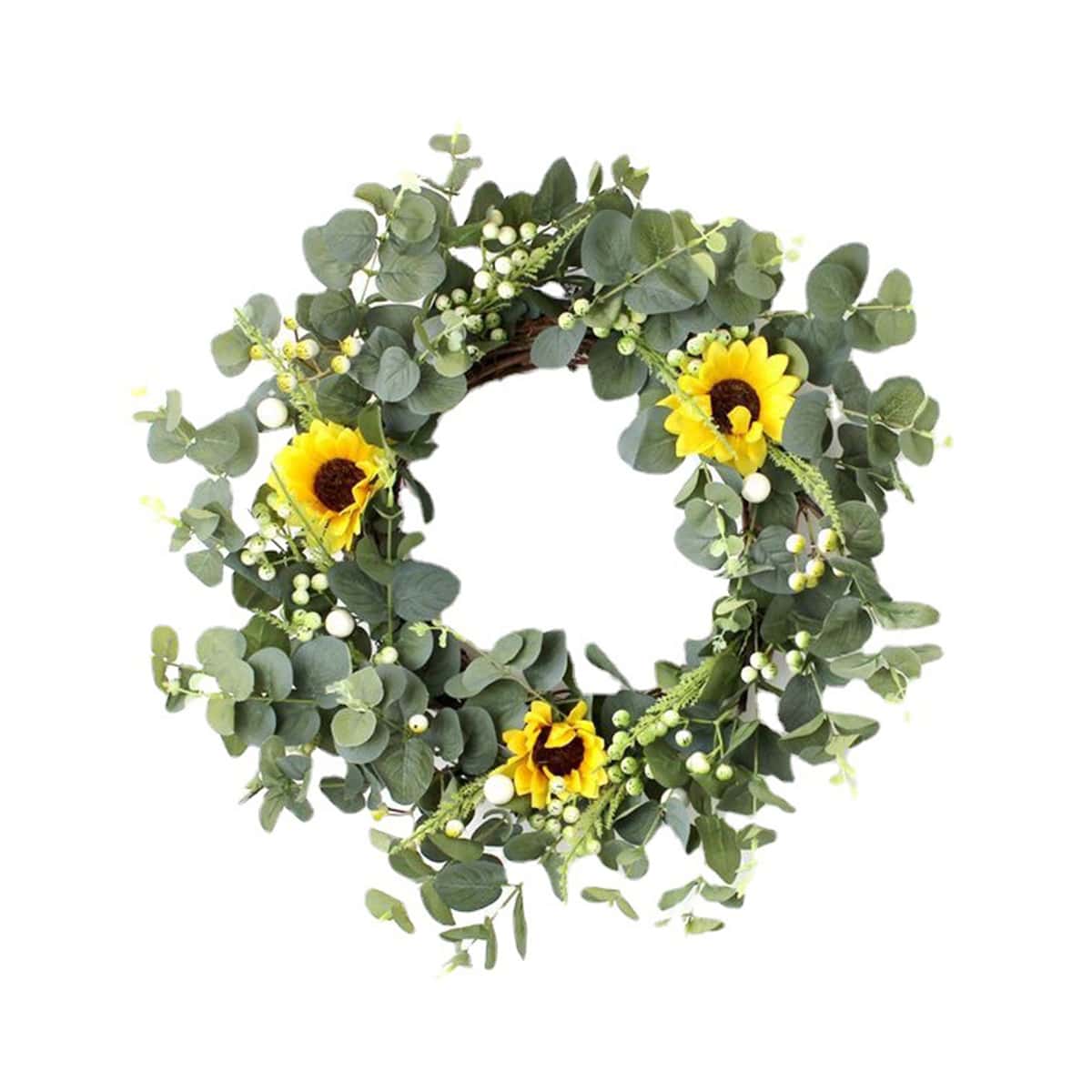 1pc Sunflower Door Wreath, Home Decoration Eucalyptus Leaf Floral Wreath - 綠色 - 查看 1