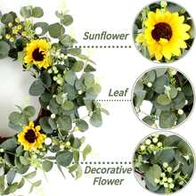 1pc Sunflower Door Wreath, Home Decoration Eucalyptus Leaf Floral Wreath - 綠色 - 查看 4