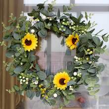 1pc Sunflower Door Wreath, Home Decoration Eucalyptus Leaf Floral Wreath - 綠色 - 查看 7