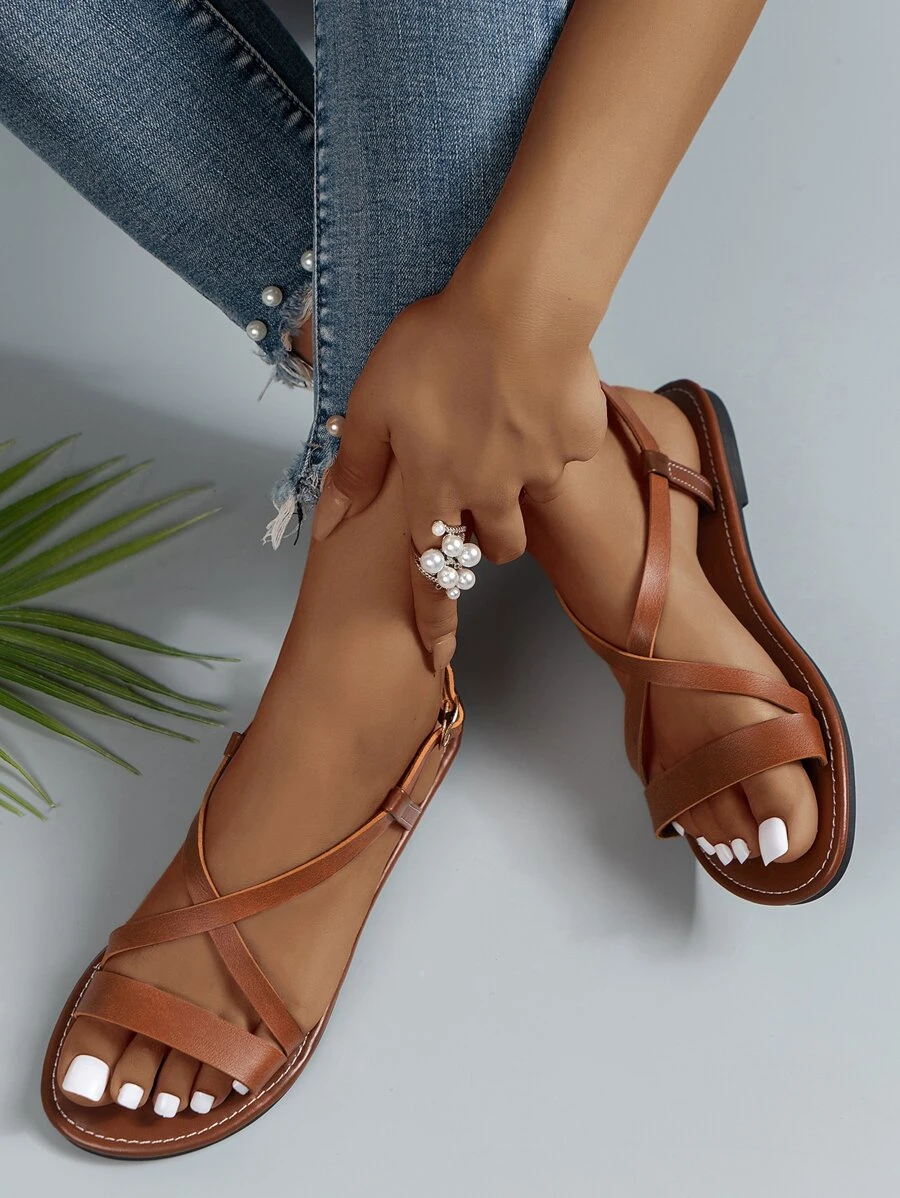 Women's Elegant Flat Sandals With Cross Strap Design, Brown Color