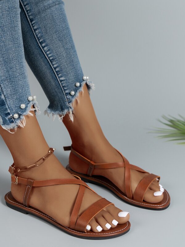 Women's Elegant Flat Sandals With Cross Strap Design, Brown Color