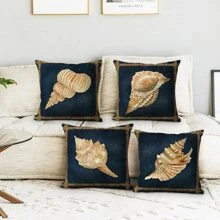 4pcs Vintage Sea Creature Conch Shaped Pillowcase For Sofa Home Decor, Pillow Core Not Included - Multicolor - View 1