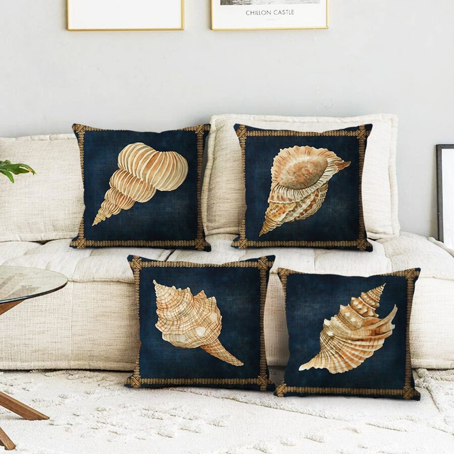 4pcs Vintage Sea Creature Conch Shaped Pillowcase For Sofa Home Decor, Pillow Core Not Included - Multicolor - View 1