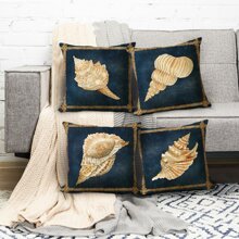 4pcs Vintage Sea Creature Conch Shaped Pillowcase For Sofa Home Decor, Pillow Core Not Included - Multicolor - View 3