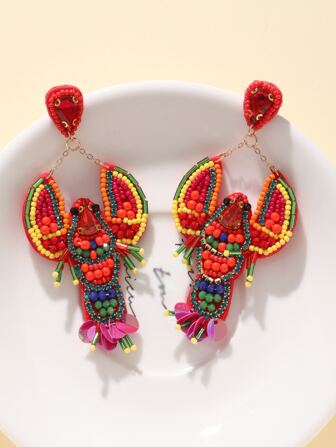 1 par de Pendientes hechos a mano trenzados con forma de dragón y langosta con cuentas de arroz y diamantes de imitación, a la moda y salvaje
