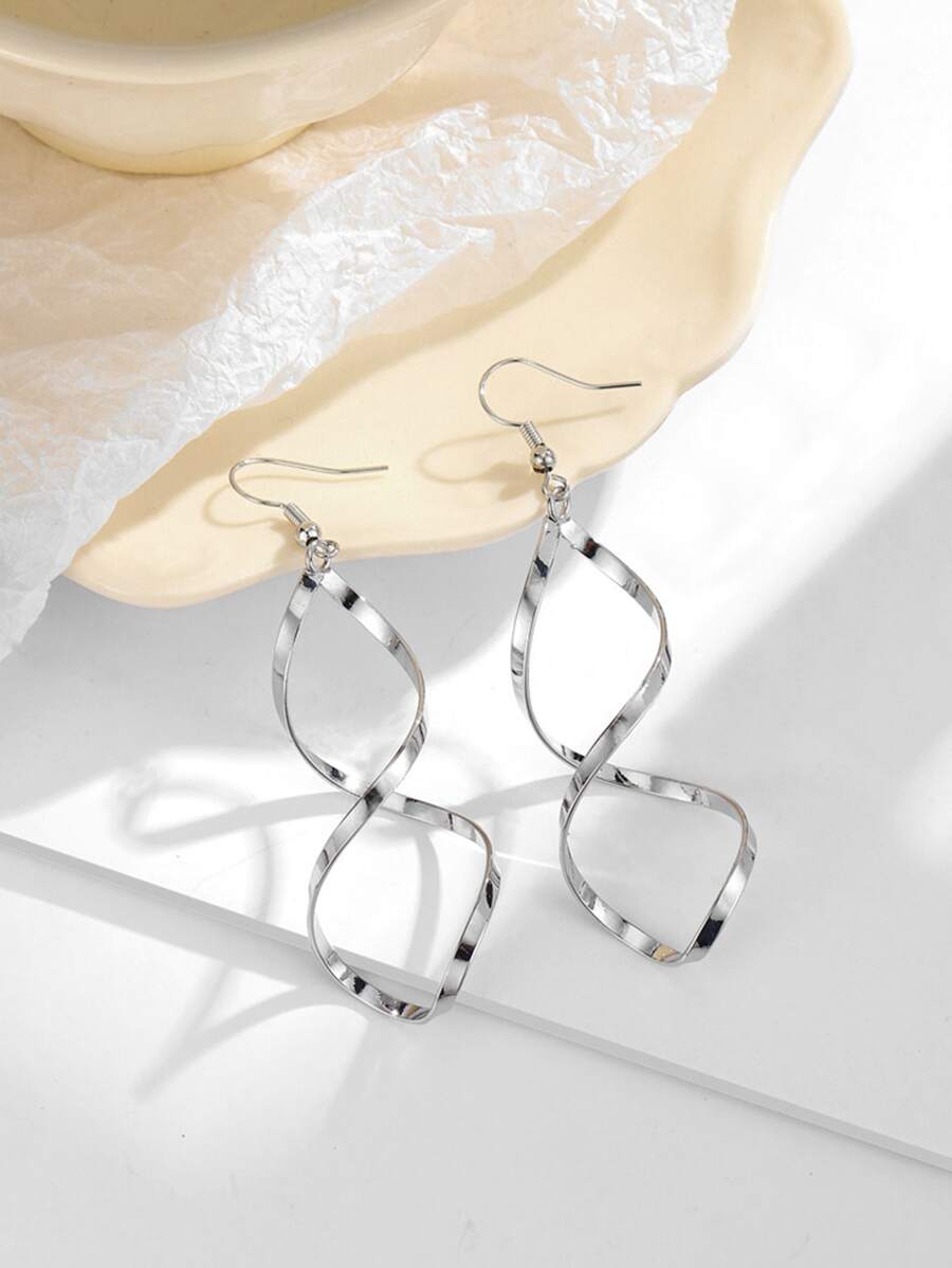 1pair Silver Spiral & Bent Wave Curve Design Unique & Airy Earrings - Silver - View 1