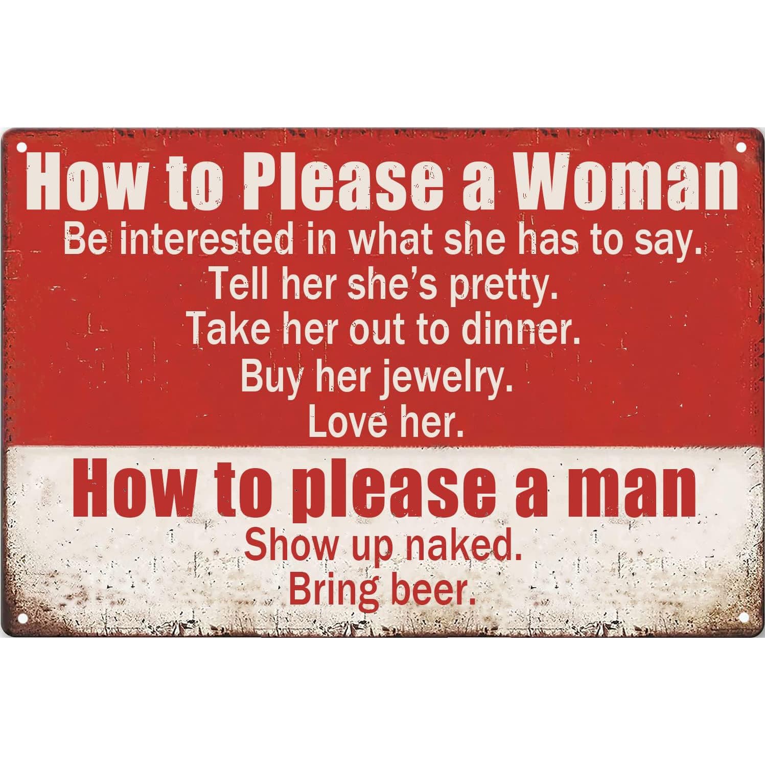 Letreros de metal vintage divertidos con texto en inglés "How To Please A Woman And A Man Sign Man Cave Sign para mujer, decoración de bar retro, pub, letras de hojalata, decoración de pared para el hogar, garaje, cocina, 8 x 12 pulgadas - Beis - Ver 1