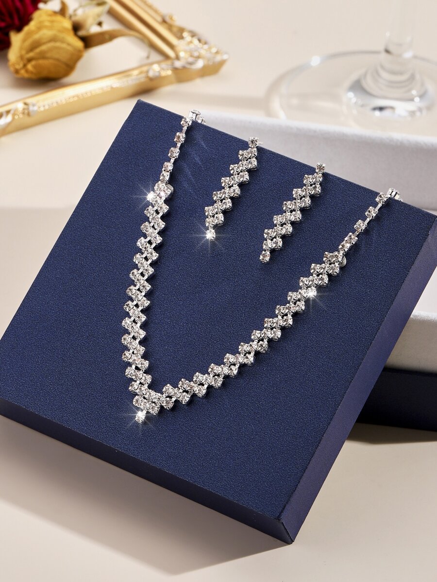 小众设计奢华爪链镶水钻项链耳环套装，中东爆款产品 - 銀色 - 查看 1