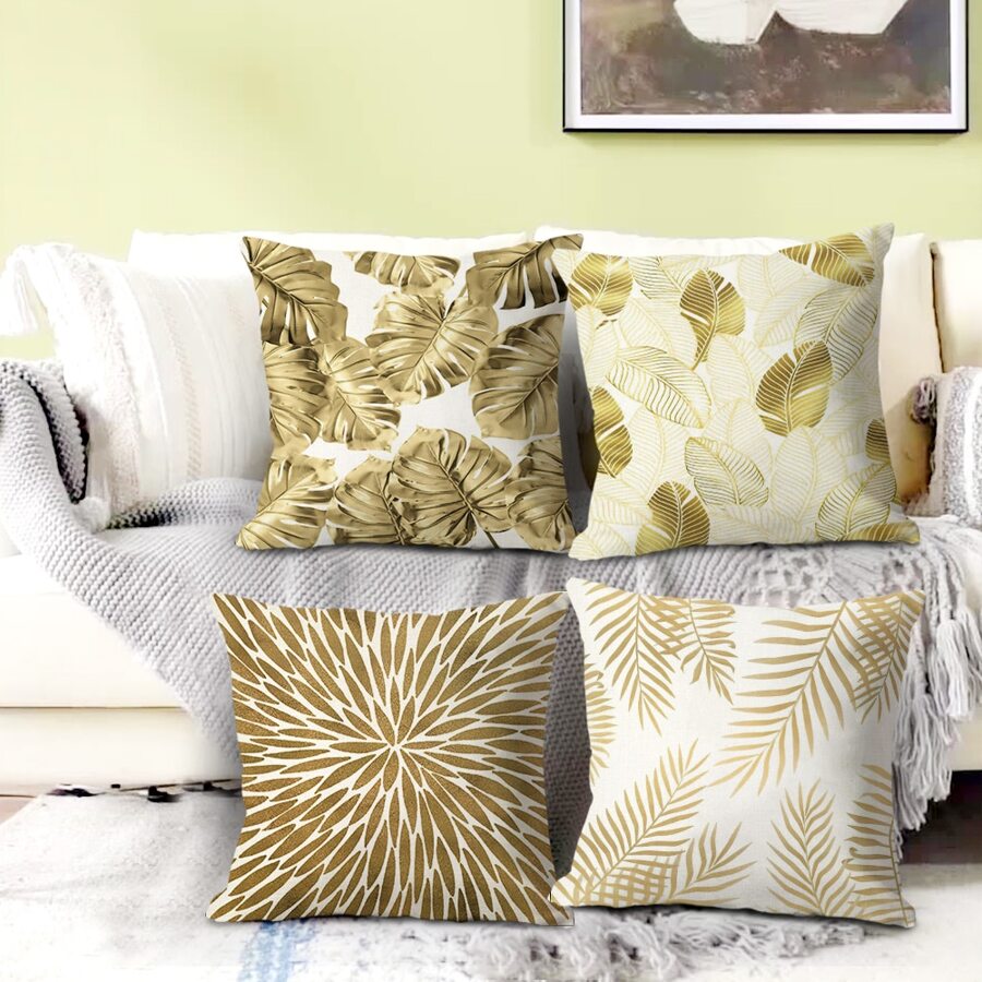 4pcs Gold Embroidered Leaf Print Ins Style Cushion Cover Set Sofa Home Decoration Pillow Case, Pillow Core Not Included - Gold - View 1
