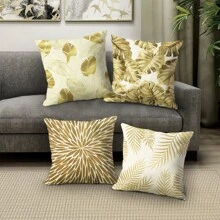 4pcs Gold Embroidered Leaf Print Ins Style Cushion Cover Set Sofa Home Decoration Pillow Case, Pillow Core Not Included - Gold - View 3