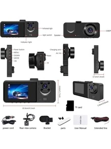 3鏡片1080P行車記錄儀2英寸迷你車黑色盒重力傳感器視頻錄製帶32G存儲卡 - 黑色 - 查看 2