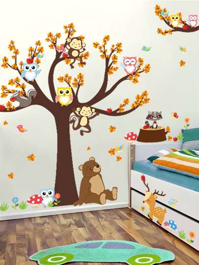 Animal Home At Big Tree Wall Sticker For Kids Room, Nursery, Living Room, And Bedroom Decoration Self-adhesive Mural