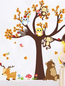 大树下的动物之家墙贴适用于儿童房、育儿室、客厅和卧室装饰自粘壁画