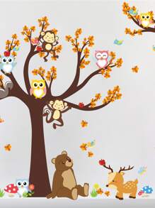大树下的动物之家墙贴适用于儿童房、育儿室、客厅和卧室装饰自粘壁画