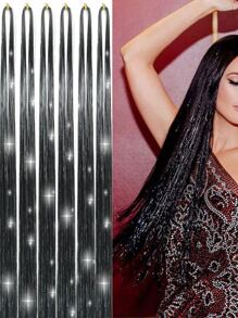 6Pcs 1500Strands Black Hair Tinsel Kit, Fairy Hair Glitter Hair Extensions,Sparkling Shiny Hair Tinsel Tensile Hair Extensions For Women Girls - Black - View 1