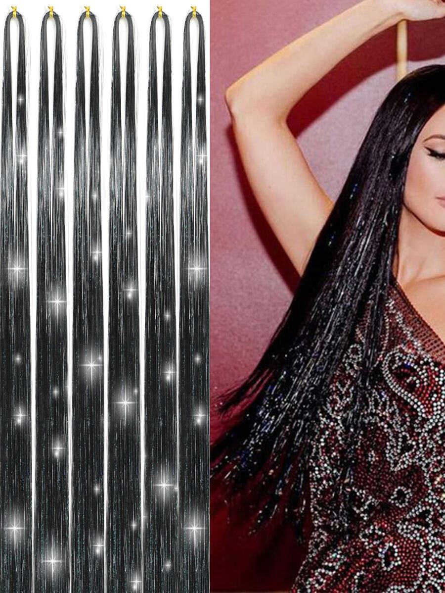 6Pcs 1500Strands Black Hair Tinsel Kit, Fairy Hair Glitter Hair Extensions,Sparkling Shiny Hair Tinsel Tensile Hair Extensions For Women Girls - Black - View 1