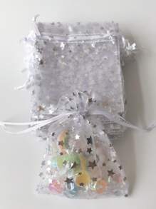 100入組隨機發貨金/銀箔星形、心形圖案，隨機顏色的10cm闊、12cm高的雪紡袋，結婚派對禮物/糖果